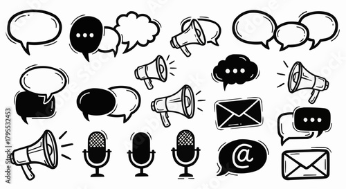 Illustration of communication icons including speech bubbles, megaphones, microphones and email symbols