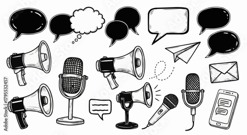 Illustration of communication elements with speech bubbles, microphones, and devices shown