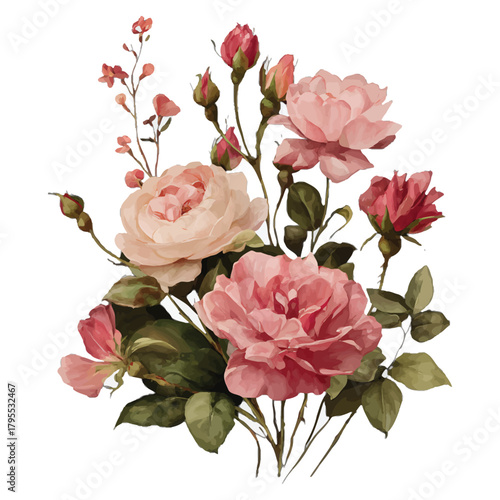 Watercolor pink and cream roses bouquet, isolated floral art. isolated on transparent background, Vector, illustration
