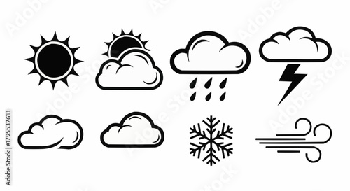 Illustration of various weather icons including sun clouds rain lightning snowflake and wind symbols shown in black