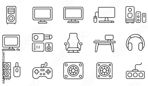Minimalist line icon set of electronic devices, gaming gear, and audio equipment