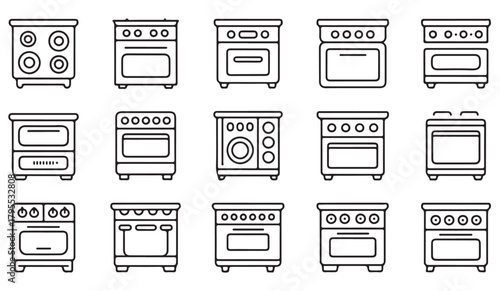 Modern outline cooking range and oven icons for culinary and appliance themes