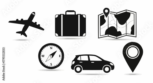Illustration showing travel icons including airplane, luggage, map, compass, car and location pin