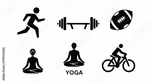 Illustration showing various sports and fitness activities in black silhouette icons on a white background