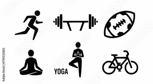Illustration showing different sports activities including running weightlifting yoga football and bicycle icons