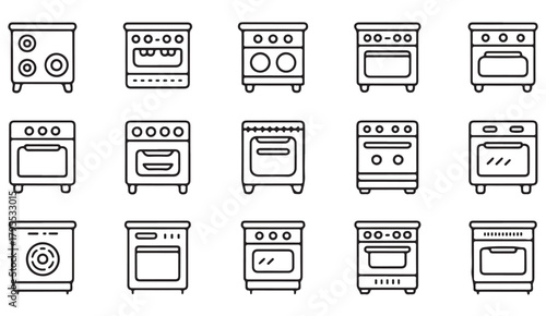 Thin-line illustrations of kitchen ovens, cooktops, and cooking appliances