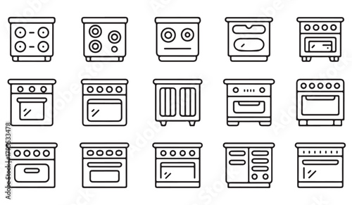 Clean line art icon collection of household stoves, cookers, and kitchen equipment