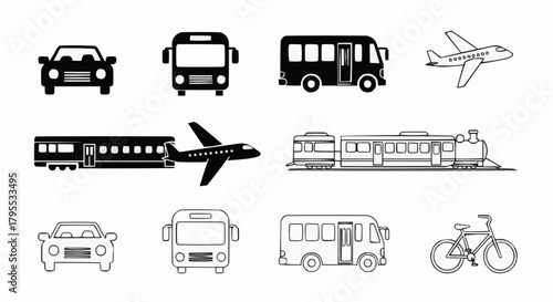 Illustration of various modes of transportation including cars, buses, trains, planes, and a bicycle