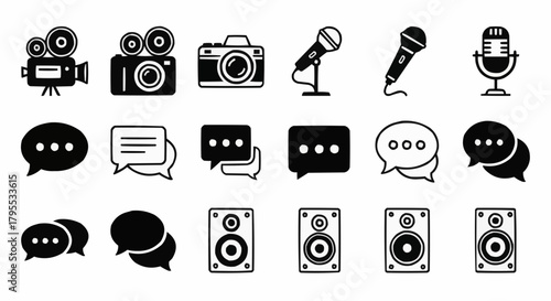 Illustration showing cameras, microphones, speech bubbles, and speakers in black and white vector format