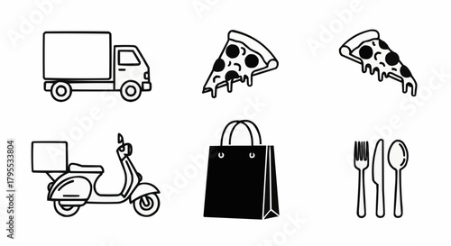 Illustration showing delivery truck, scooter, pizza slices, shopping bag, fork, knife and spoon icons set