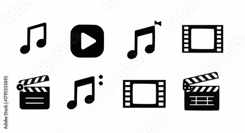 Collection of music notes, play button, film strip and clapperboard icons in black and white color 100