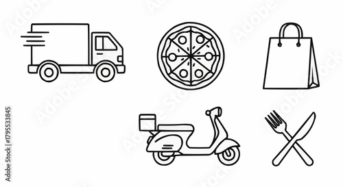 Outline icons depicting food delivery vehicles, pizza, shopping bag, and utensils in black and white