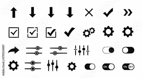 Collection of various black interface icons including arrows checkmarks gears and toggle switches isolated