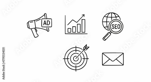 Illustration of marketing icons including megaphone, chart, globe, target, and email with black lines