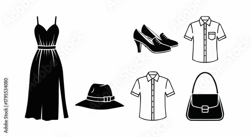 Illustration of a dress, shoes, hat, shirts, and a handbag in black and white fashion icons style