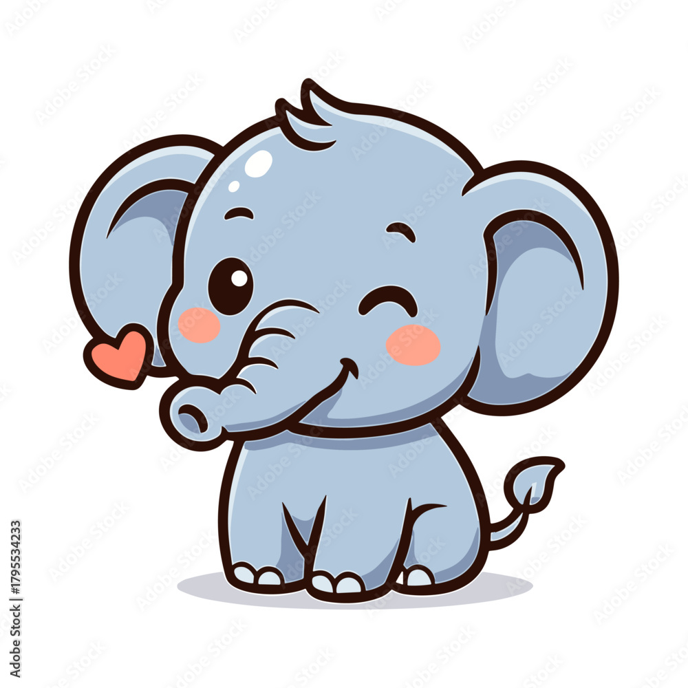 Fototapeta premium Cartoon elephant mascot winks holding a heart