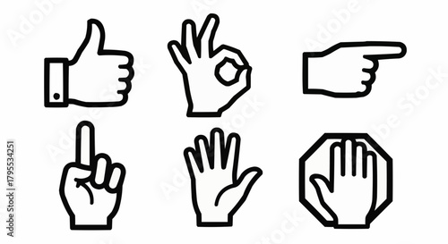 Illustration of various hand gestures including thumbs up ok pointing and stop signals in black and white