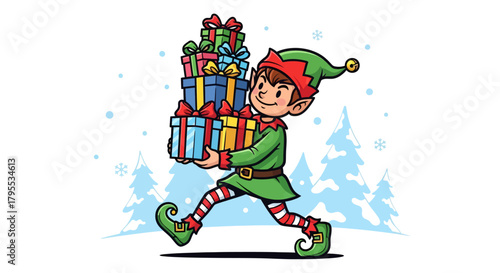 Cheerful Christmas elf delivering presents in a snowy winter wonderland, spreading joy and holiday cheer for festive celebrations and heartwarming moments