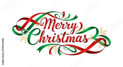 Sparkling Merry Christmas sentiment adorned with festive red and green ribbons and gold pine sprigs, perfect for holiday greetings.