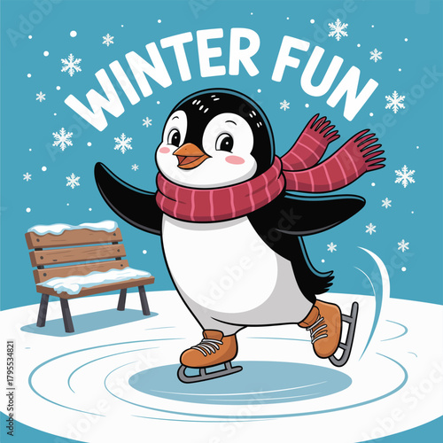Cute penguin ice skating winter illustration featuring cheerful character in scarf gliding on ice with snowflakes and seasonal outdoor scene, perfect for holiday and kids designs.