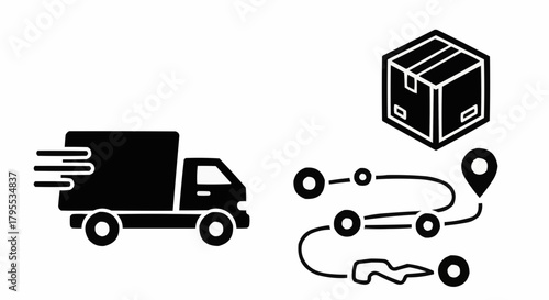 Black delivery truck with motion lines and box with route on a white background illustration