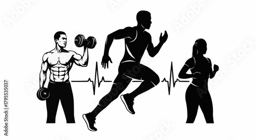 Silhouettes of fitness enthusiasts lifting weights running and jogging with a heartbeat line design