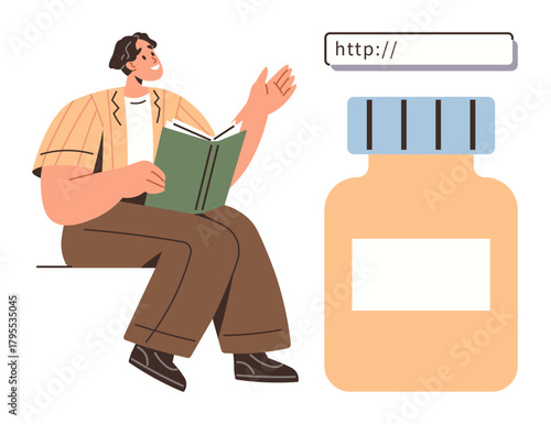 Person reading book with one hand raised, next to large medicine jar and address bar. Ideal for health education, online search, research, self-learning, information sharing, awareness, simple flat