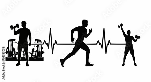 Silhouette of men exercising with dumbbells and running alongside a heartbeat line and gym equipment