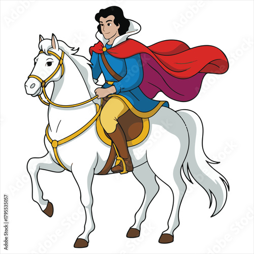 Cartoon Prince on Horse Illustration – Fairytale Hero, Cape, Tunic & Motion Pose Art
