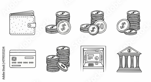 Illustration depicting financial elements including wallet coins credit card atm and bank building
