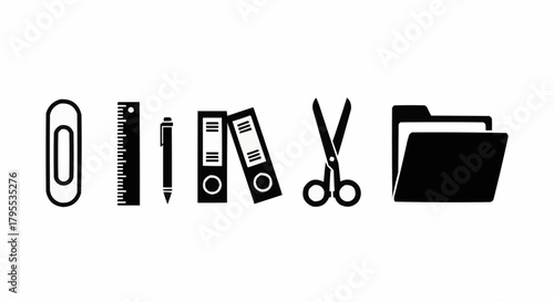 Black and white stationery items including a paperclip ruler pen binders scissors and folder icon set