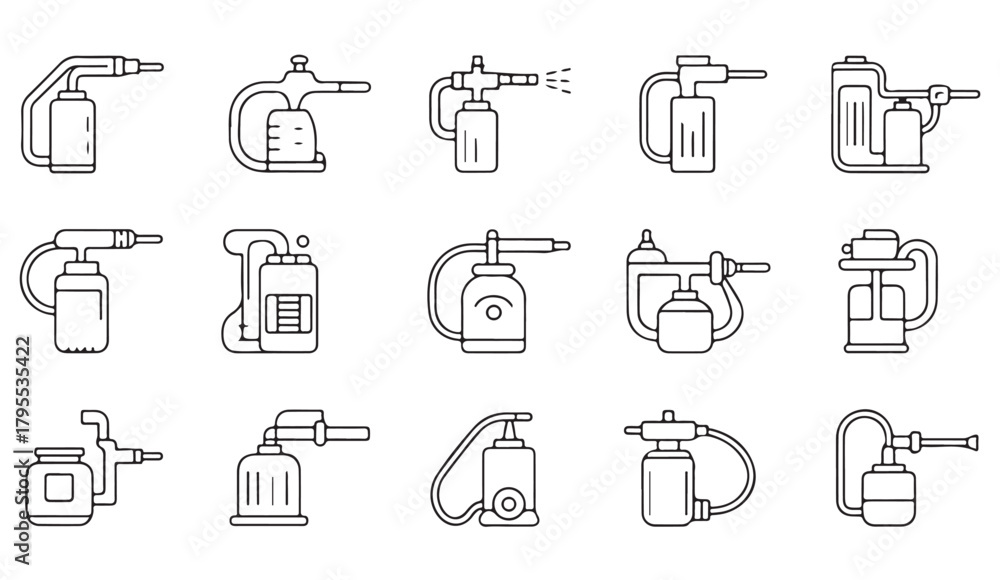 Fototapeta premium Thin-line icon pack of spray bottles, pumps, and maintenance fluid tools