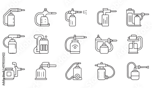 Thin-line icon pack of spray bottles, pumps, and maintenance fluid tools