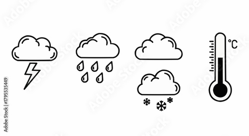 Weather forecast icons depicting clouds with lightning, rain, snow, and a thermometer showing temperature