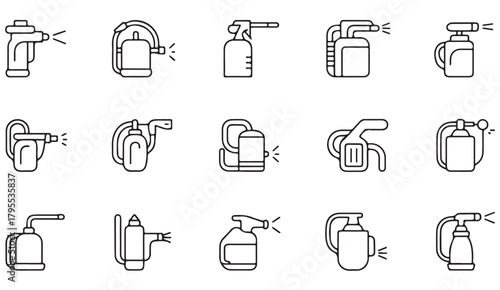 Outline vector icons showing pump bottles, chemical sprayers, and fluid containers