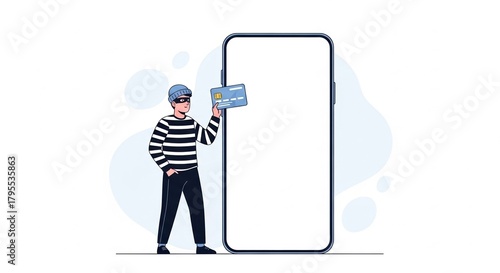A cartoon hacker in a mask and striped shirt steals credit card information for online fraud beside a large smartphone with a blank screen for mockup