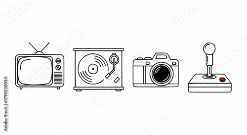 Outline illustration of a vintage television, record player, camera, and joystick on a white background