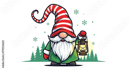 Whimsical gnome with festive striped hat holds glowing lantern amidst snowy evergreen forest, perfect for holiday cheer and winter magic.