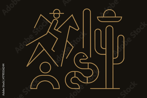 Minimalist Western Icons of Cowboy, Cactus, Snake, and Hat on Black Background