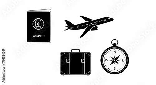 Black and white travel essentials including passport, airplane, suitcase and compass illustration
