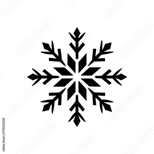 Detailed black snowflake illustration on transparent background silhouette