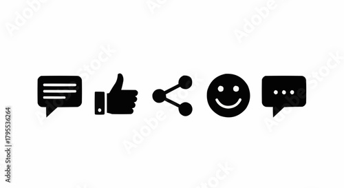 Illustration showing social media icons like comment like share and a smiley face icon in black color