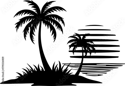 Tropical Sunset Oasis  Palm Trees Black Vector