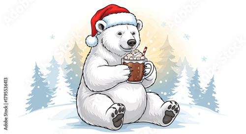 Adorable polar bear wearing Santa hat joyfully sips hot chocolate in snowy winter forest wonderland