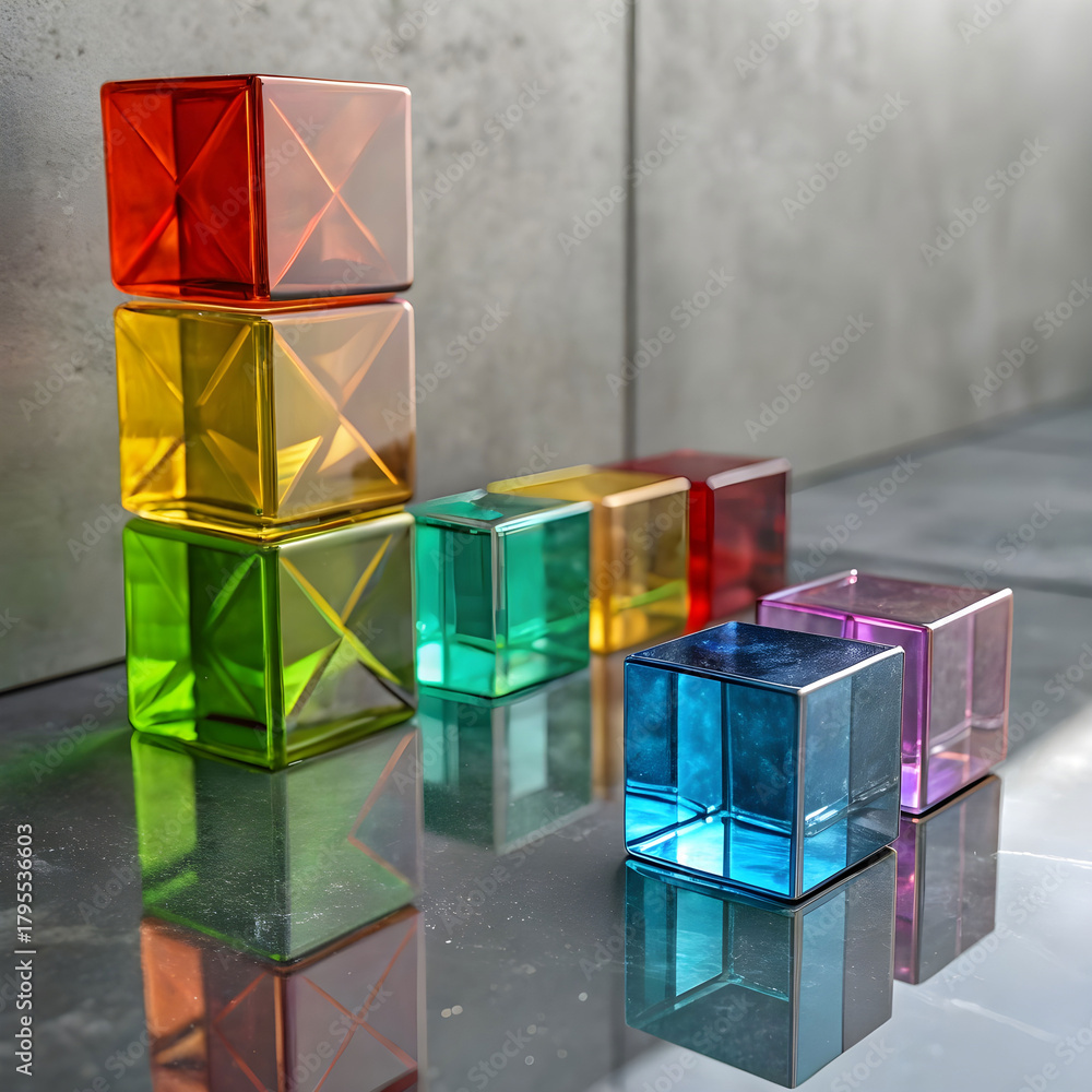 Naklejka premium A vibrant 3D render featuring multi-colored glass pieces set against a neutral gray background.