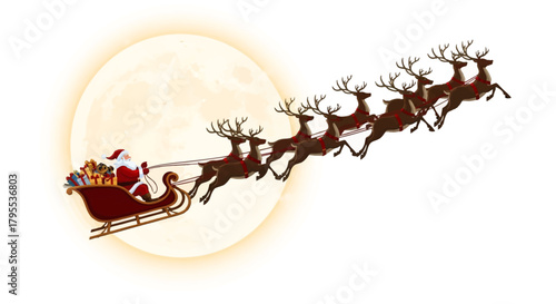 Santa Claus delivering gifts in his magical sleigh pulled by flying reindeer across a luminous moonlit sky