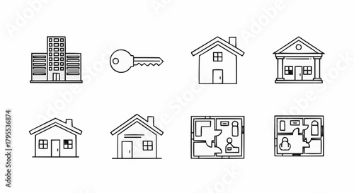 Illustration of real estate icons including houses, building, key and floor plans in outline style