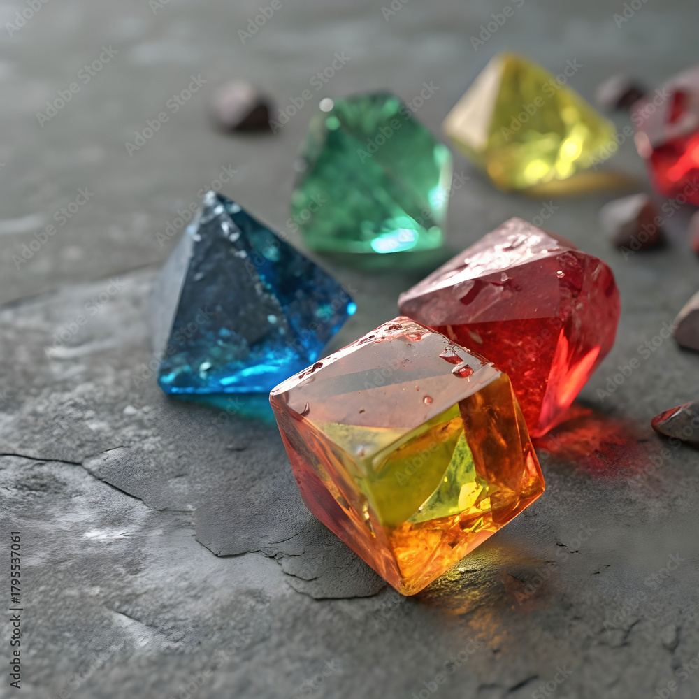 Naklejka premium A vibrant 3D render featuring multi-colored glass pieces set against a neutral gray background.