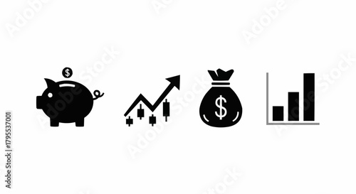 Illustration showcasing financial growth with piggy bank, stock chart, money bag and bar graph icons