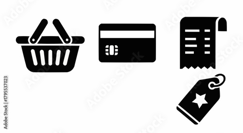 Black shopping icons showing basket, credit card, receipt, and price tag in a simple graphic design